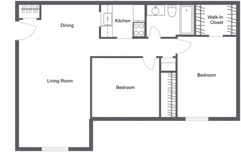 Floor plan for 2 beds, 1 bath, 900 sqft